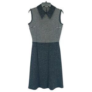 Vintage Women’s Striped Sleeveless Pointed Collar A-Line Wool Blend Midi Dress